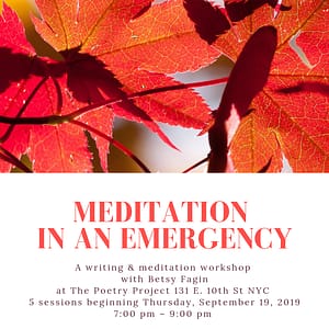 Meditation in an emergency: a writing & meditation workshop with Betsy Fagin at The Poetry Project, NYC. 5 sessions beginning September 19, 2019