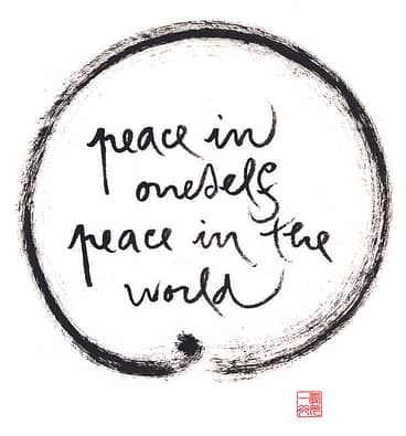 Calligraphy from Thich Nhat Hanh. Text reads: peace in oneself peace in the world