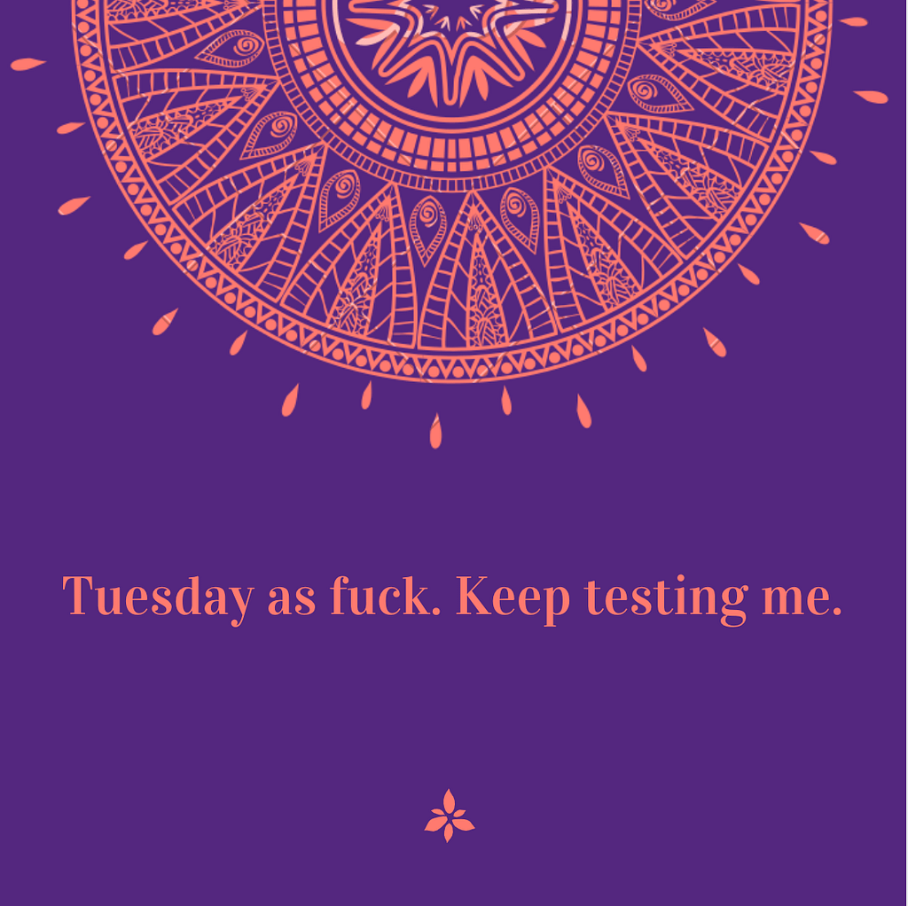 Text reads: Tuesday as fuck. Keep testing me. from "Flex," Betsy FAgin